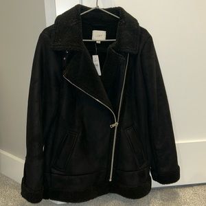 LOFT Faux Suede Moto Jacket Sherpa Style BLACK NWT